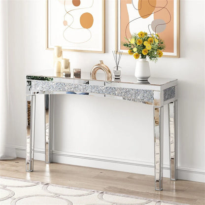 Glamorous silver console table with glass legs