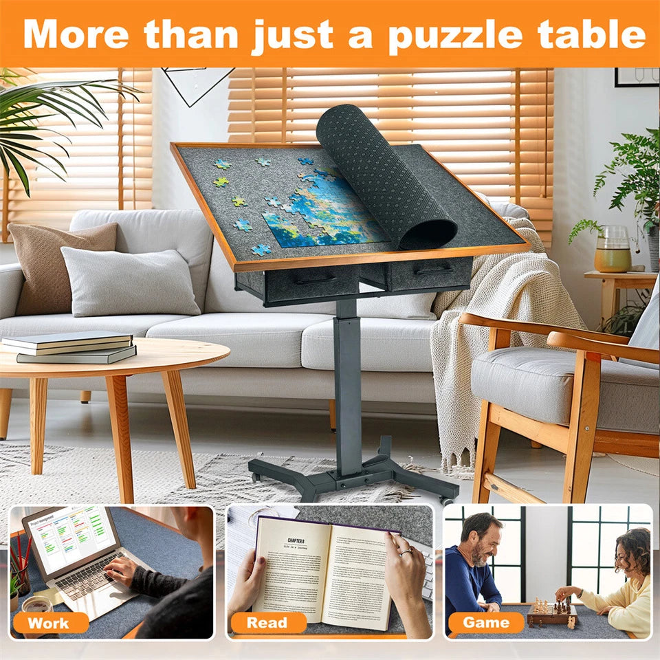 P&P Adjustable Wooden Jigsaw Puzzle Table with Tilt, Drawers and Rolling Wheels