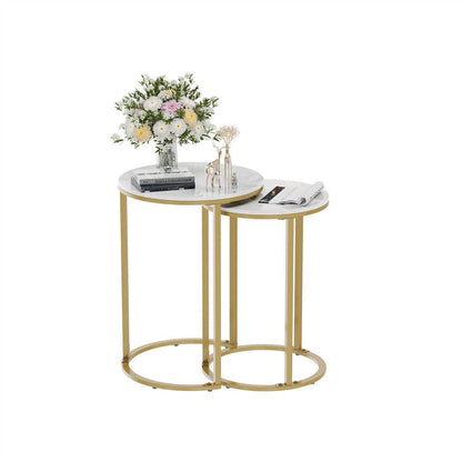 White stone nesting tables with luxurious gold finish