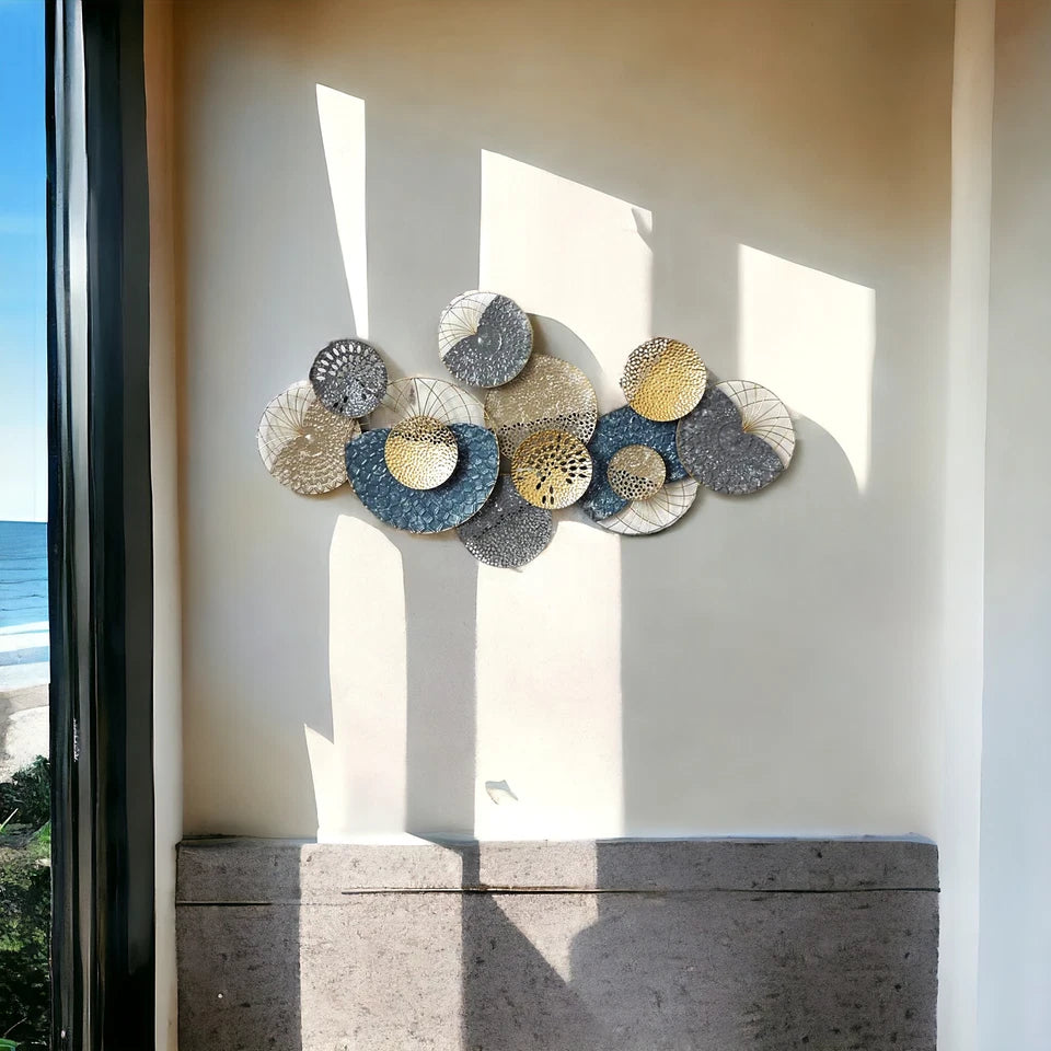 Contemporary gold and blue metal wall art for home interiors