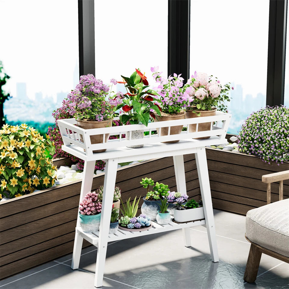 2 Tier Decorative Plant Stand & Accent Table Indoor/Outdoor Flower Display Shelf for Living Room, Balcony, or Patio