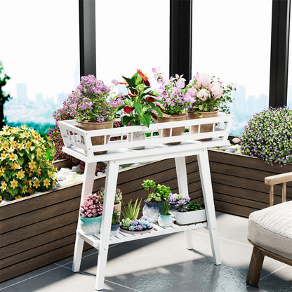 2 Tier Decorative Plant Stand & Accent Table Indoor/Outdoor Flower Display Shelf for Living Room, Balcony, or Patio