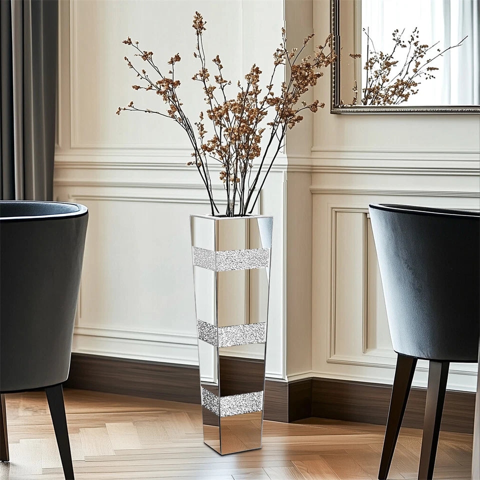 P&P Silver Crushed Diamond Flower Vase with Mirrored Glass for Elegant Home Decoration