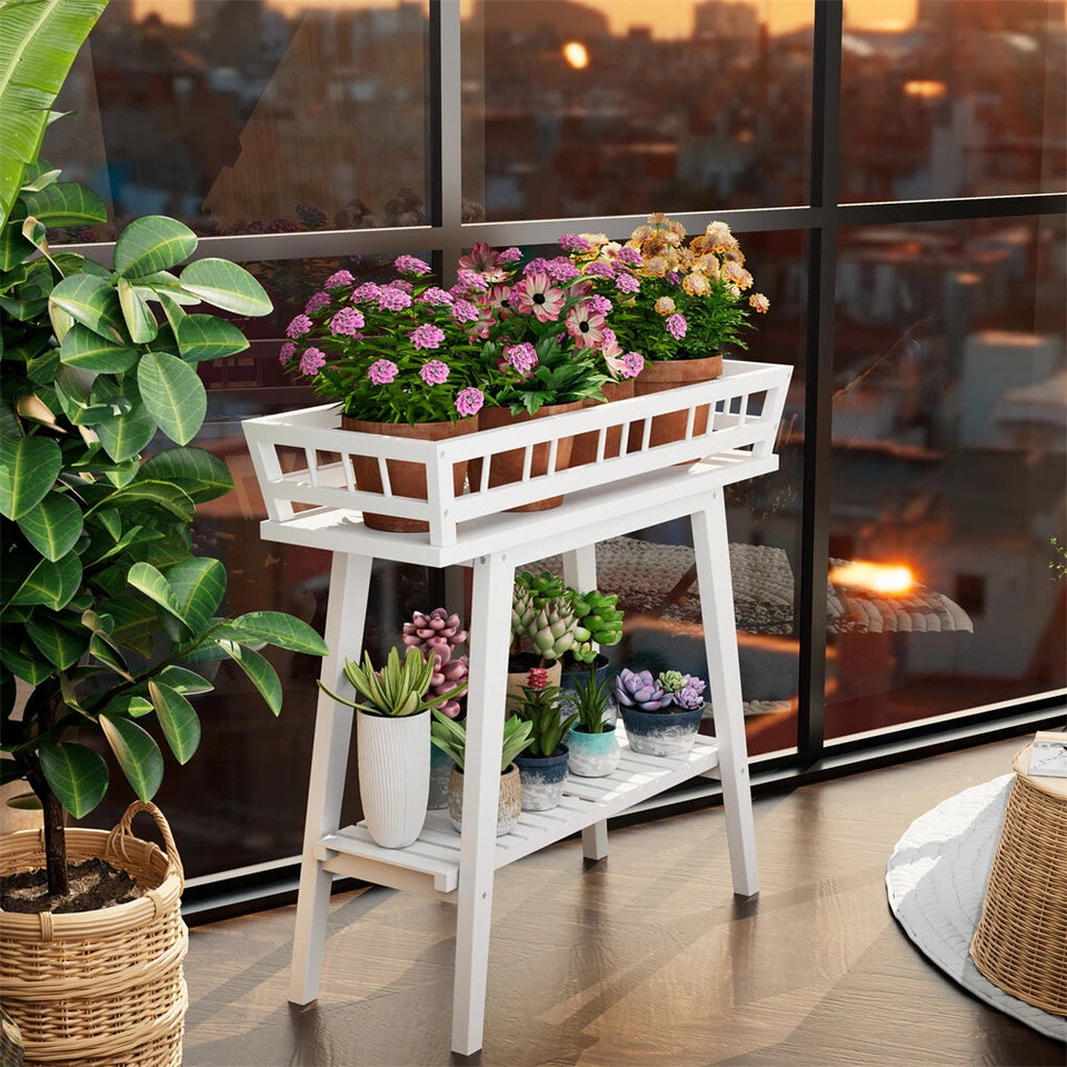 2 Tier Decorative Plant Stand & Accent Table Indoor/Outdoor Flower Display Shelf for Living Room, Balcony, or Patio