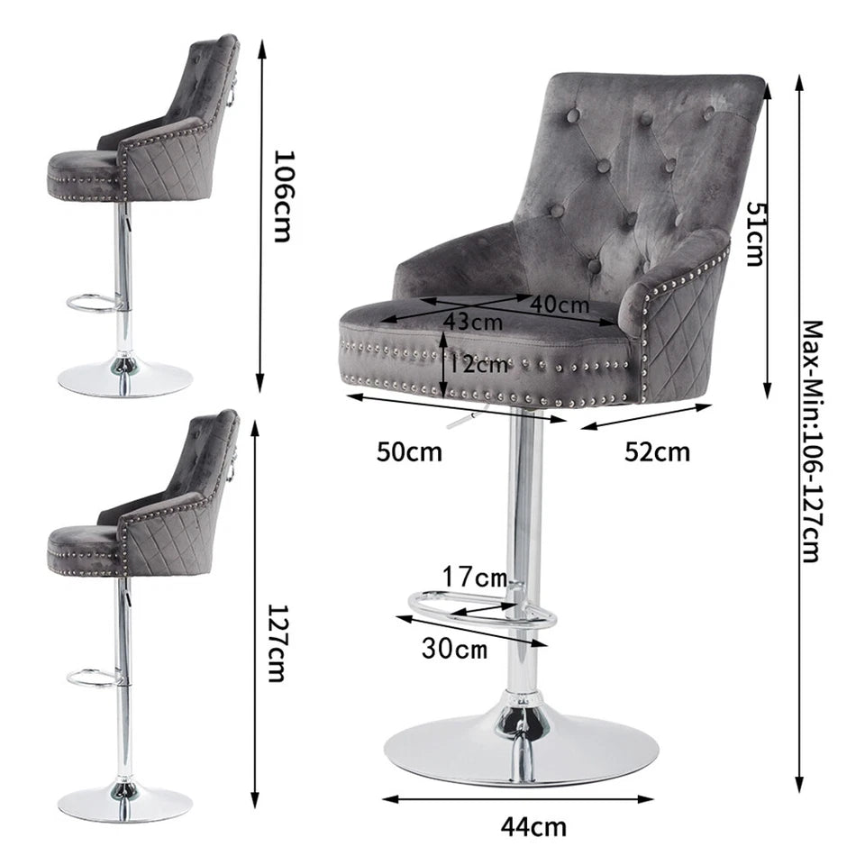 Premium swivel bar stool with gray velvet seat and metal base
