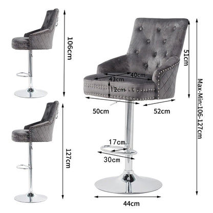 Premium swivel bar stool with gray velvet seat and metal base