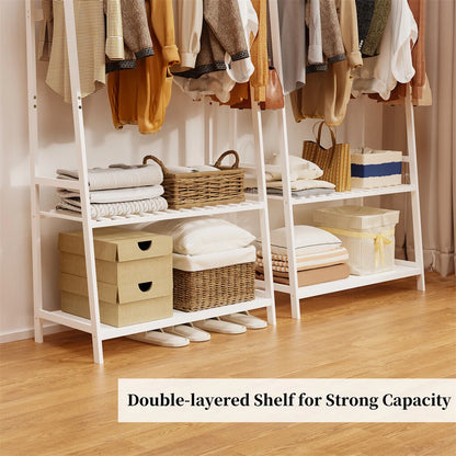 Bamboo clothes organiser with hanging hooks and shelves