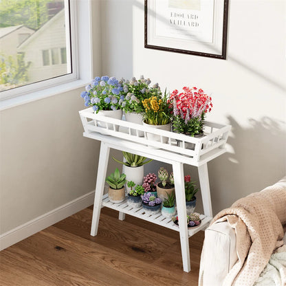 2 Tier Decorative Plant Stand & Accent Table Indoor/Outdoor Flower Display Shelf for Living Room, Balcony, or Patio