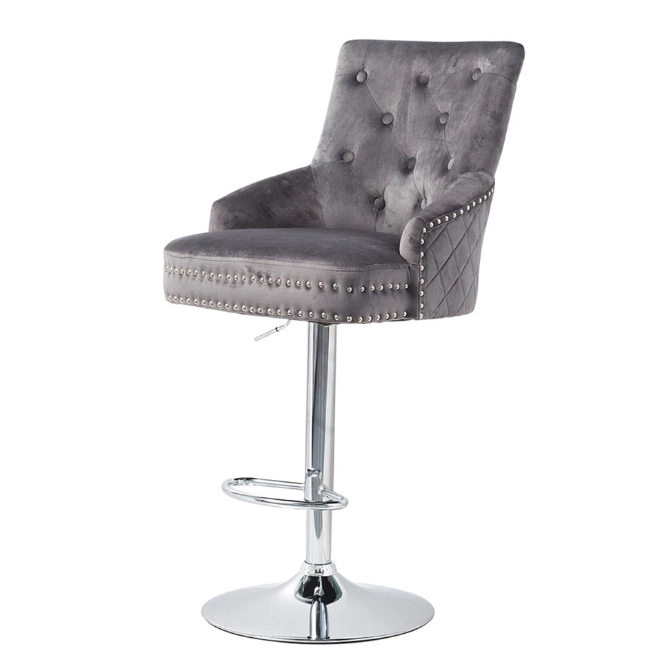 Modern swivel bar stool with gray velvet upholstery