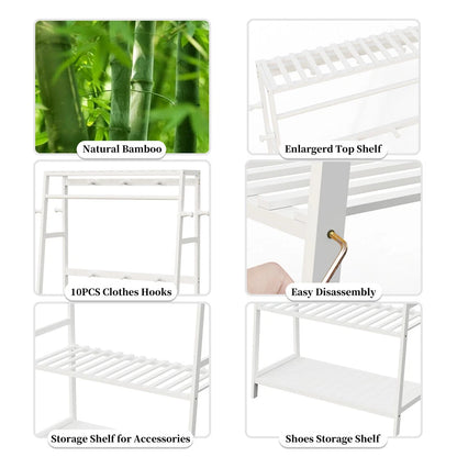 White freestanding clothes rack with ten storage hooks