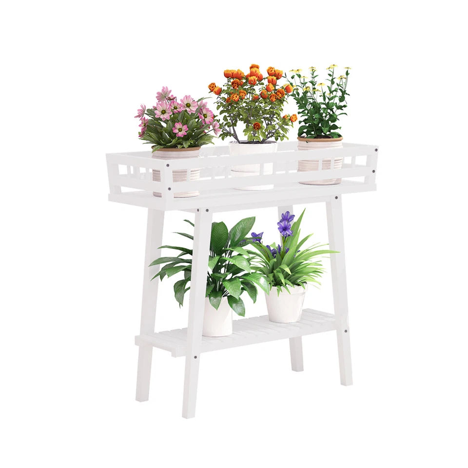 2 Tier Decorative Plant Stand & Accent Table Indoor/Outdoor Flower Display Shelf for Living Room, Balcony, or Patio