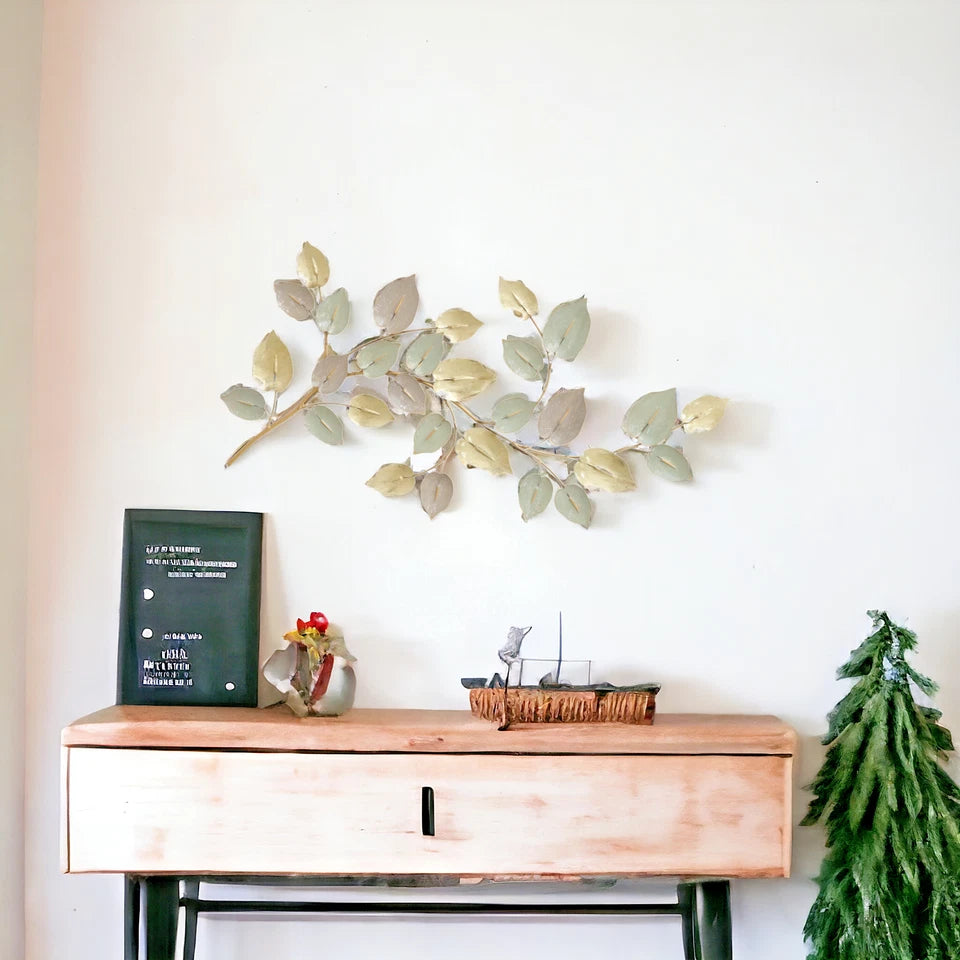 Decorative leaf branch metal wall art in gold finish