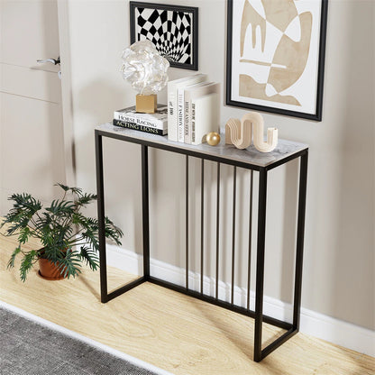 Minimalist console table with white stone top and metal base