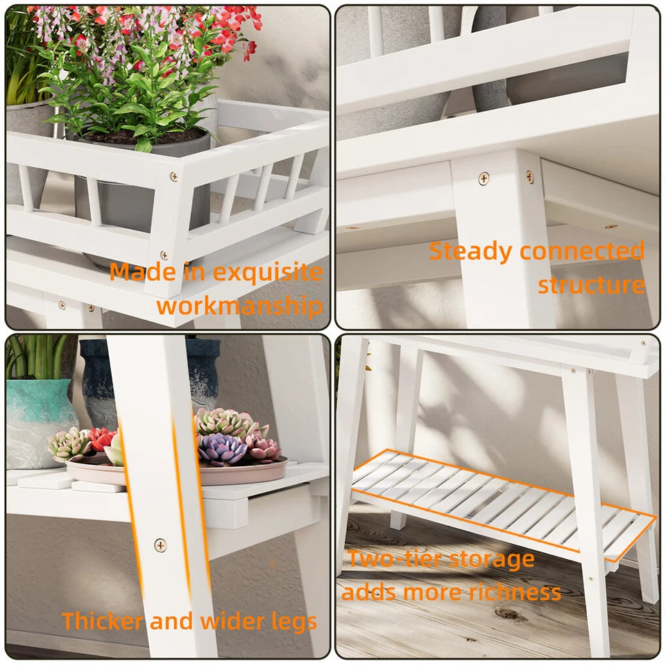 2 Tier Decorative Plant Stand & Accent Table Indoor/Outdoor Flower Display Shelf for Living Room, Balcony, or Patio