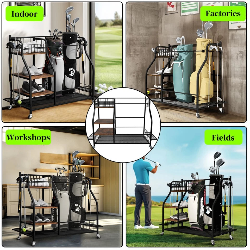 Space-saving golf bag storage rack with wheels