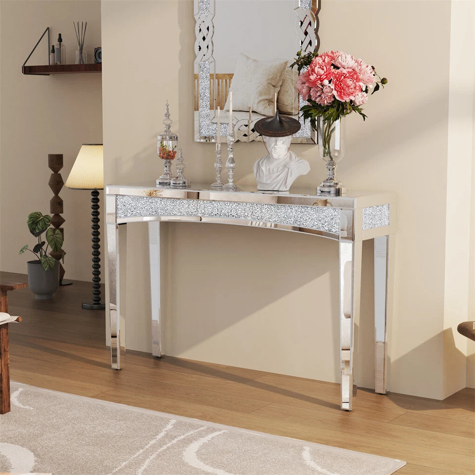 Mirrored console table with crushed diamond detailing