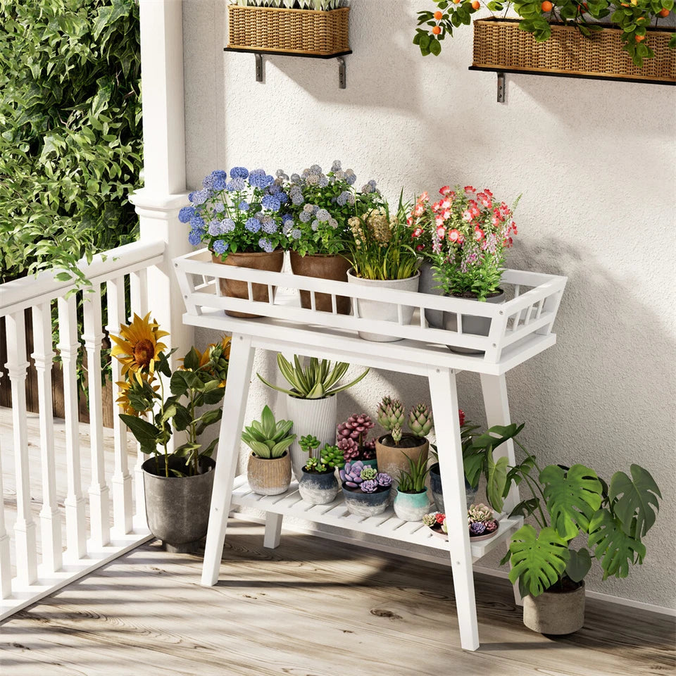 2 Tier Decorative Plant Stand & Accent Table Indoor/Outdoor Flower Display Shelf for Living Room, Balcony, or Patio