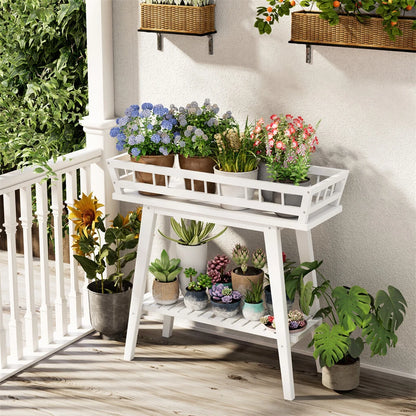 2 Tier Decorative Plant Stand & Accent Table Indoor/Outdoor Flower Display Shelf for Living Room, Balcony, or Patio