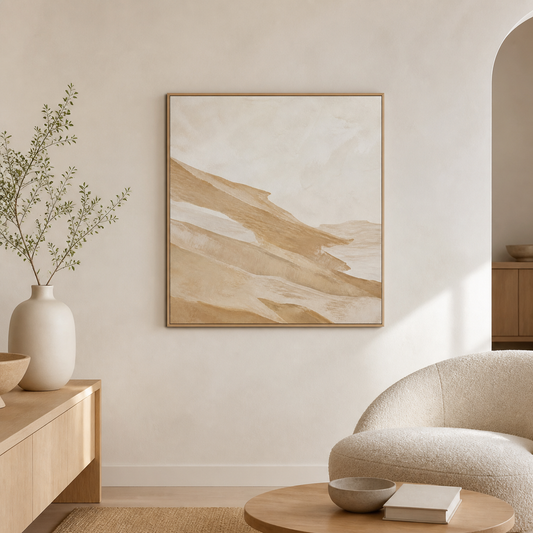 Sandstone Drift birch floating frame canvas in a neutral interior