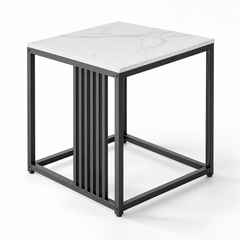 Square side table with a white marble look top and a black metal frame with a slatted panel on one side