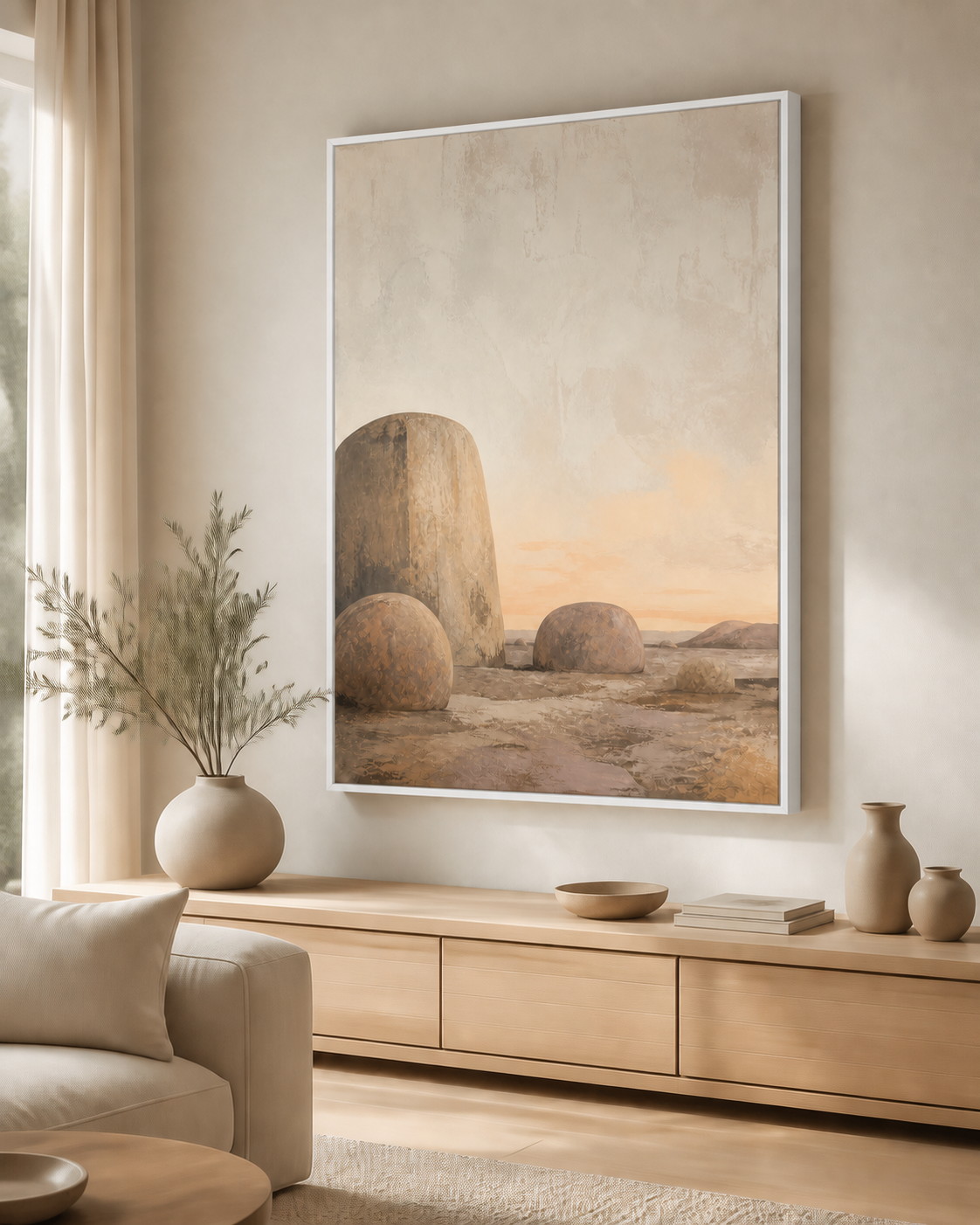 Stone and Sky canvas in a white floating frame