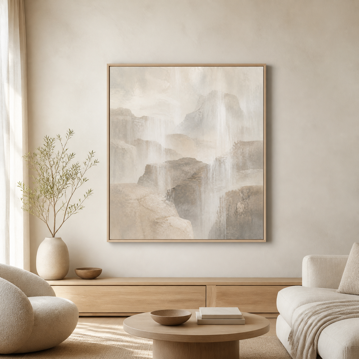 Stone Veil birch floating frame canvas in a neutral interior