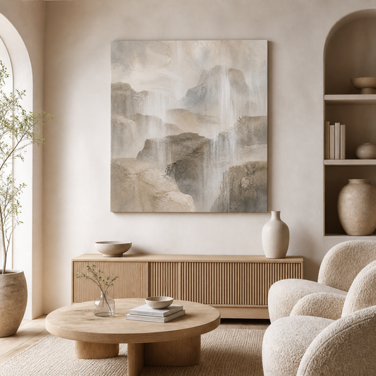 Stone Veil stretched canvas in a neutral interior