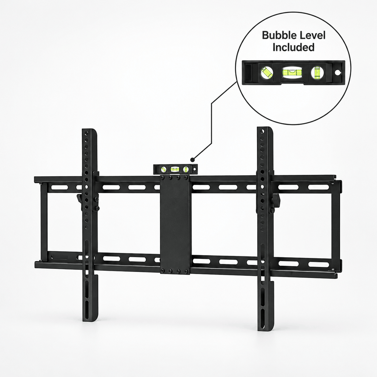 Black tilting TV wall mount bracket with a small level tool shown above it and a close up of the level
