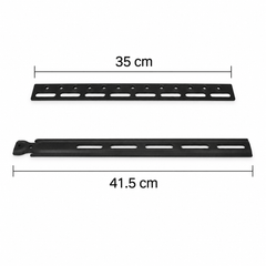 Two black slotted steel bars of different lengths side by side with their lengths marked