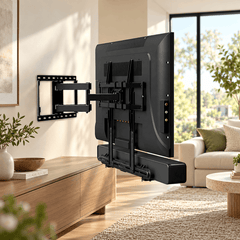 Black soundbar brackets holding a soundbar below a TV that hangs on a swivel wall mount in a lounge room
