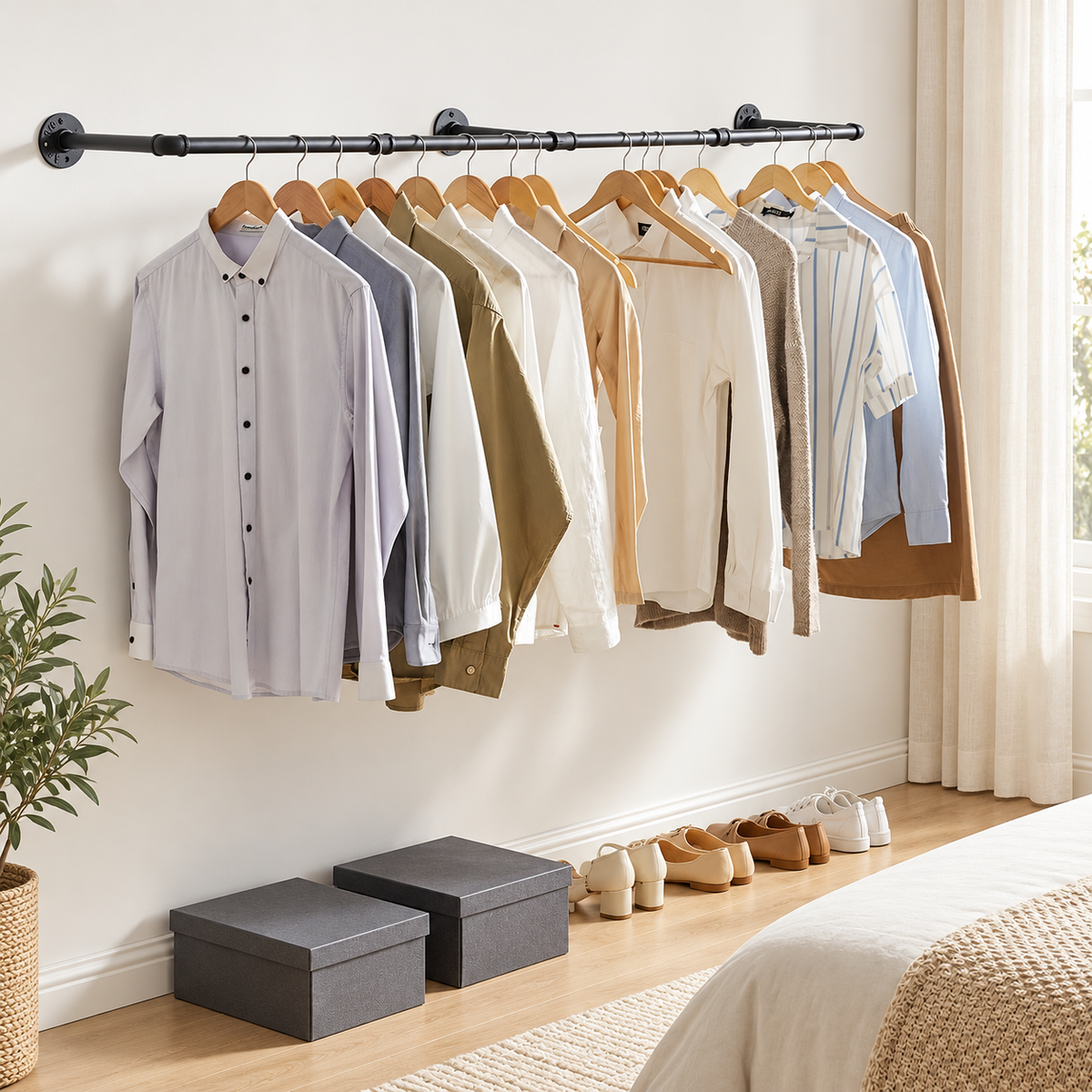 Black wall mounted pipe clothes rail in a bedroom with shirts and sweaters on wooden hangers above shoes and storage boxes