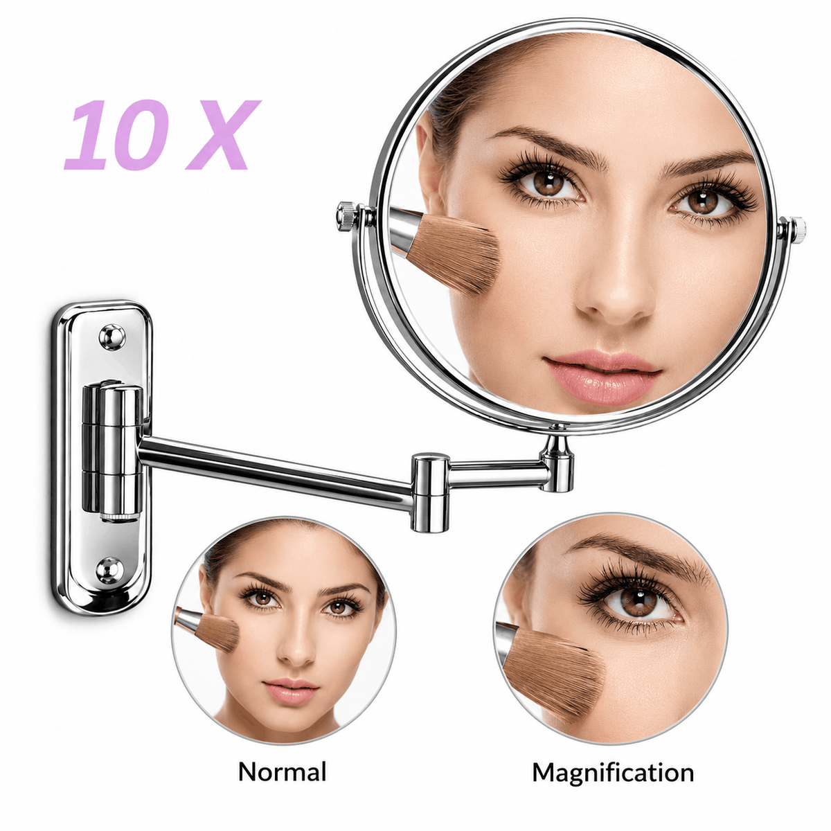 Wall mounted makeup mirror showing a magnified face with a makeup brush beside a normal view and a magnified view