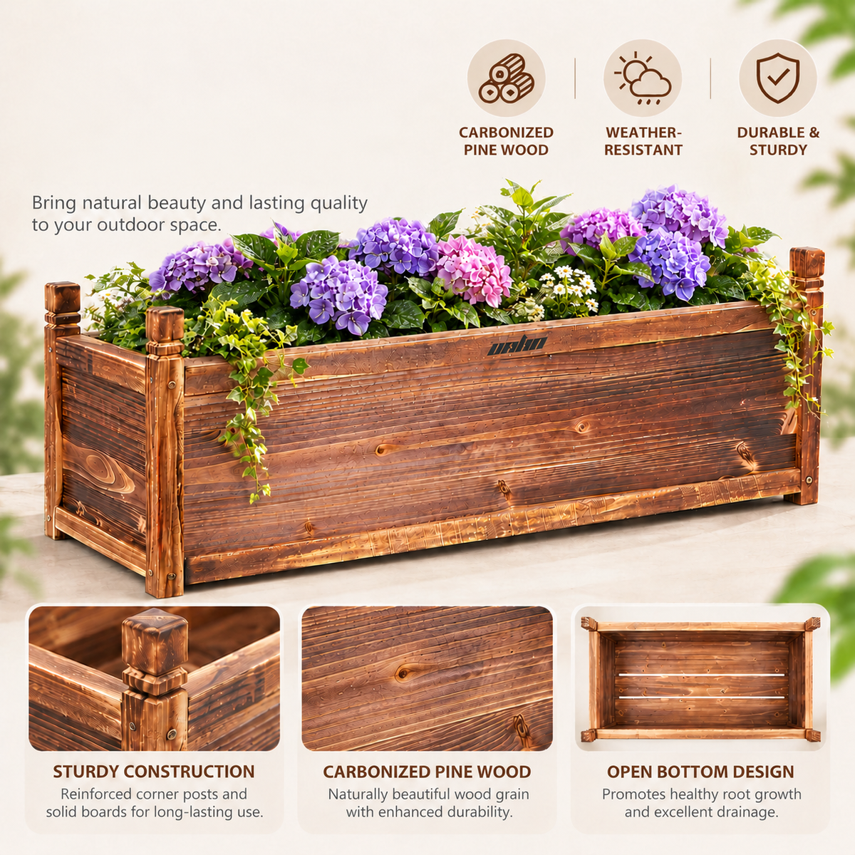 Wooden planter box with hydrangeas plus close-ups of the corner post, wood grain and open bottom