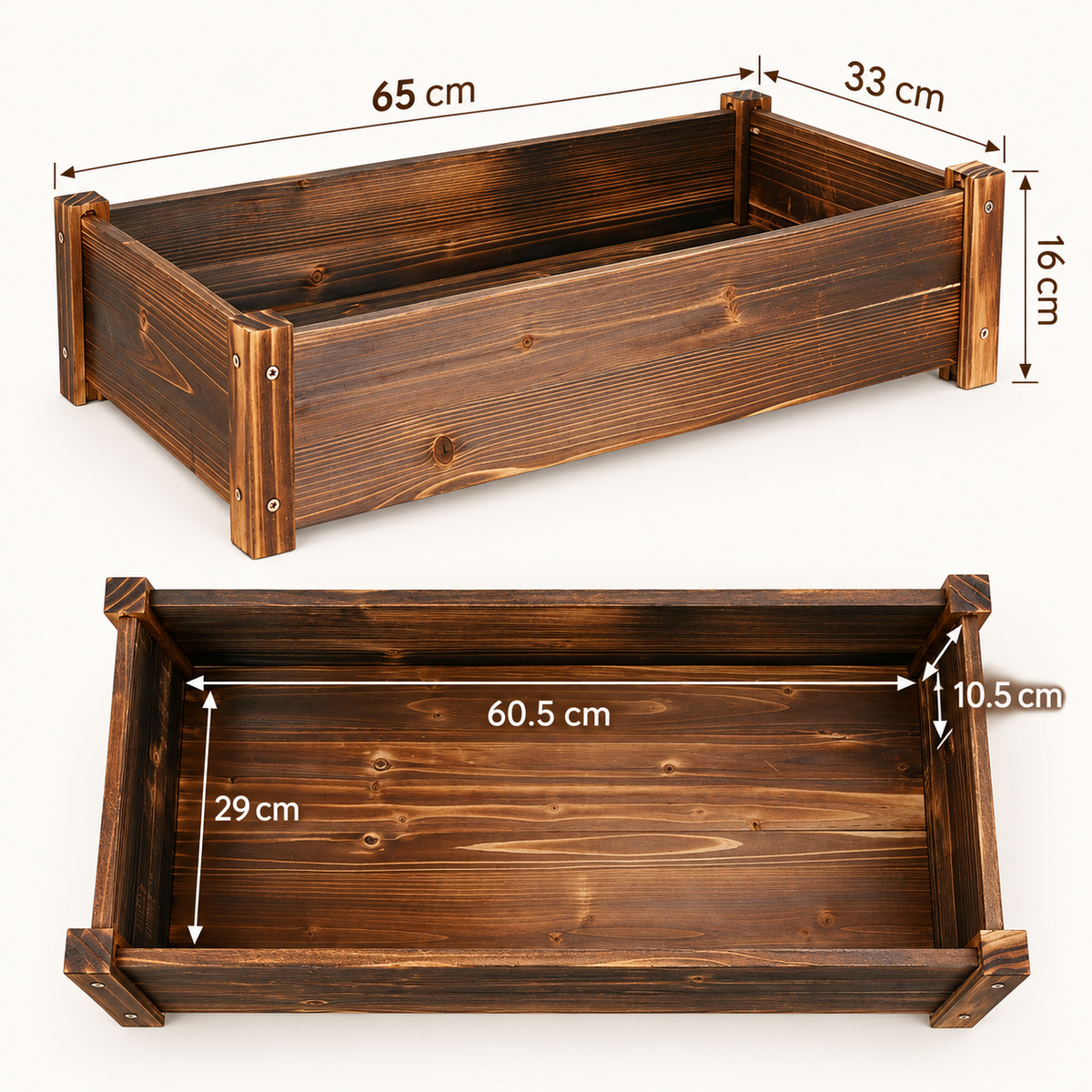 Wooden planter box size diagram: 65cm long, 33cm wide, 16cm high, inside 60.5cm by 29cm and 10.5cm deep