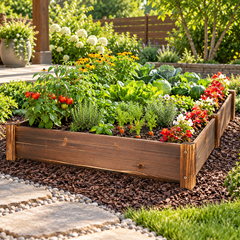 Wooden raised garden bed with tomatoes, carrots, lettuce, herbs and flowers beside a stone path