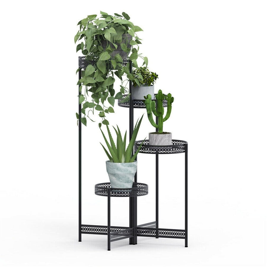 Black Metal Plant Stand — 4-Pot Tiered Display for Indoor & Outdoor